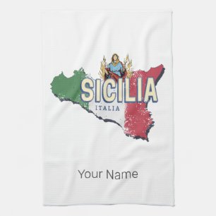 Sicily Flag Italy Retro Map Vintage Souvenir Tea Towel