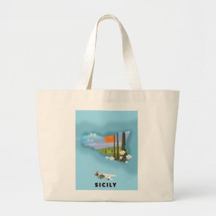 Sicily Illustrated map travel poster Large Tote Bag
