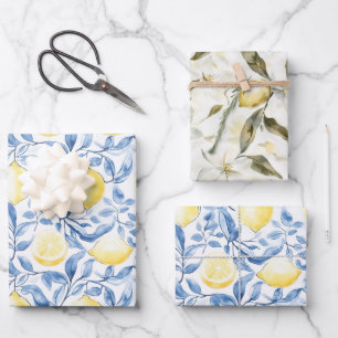 Sicily Italian Rustic Blue Leaves Lemons Wrapping Paper Sheet
