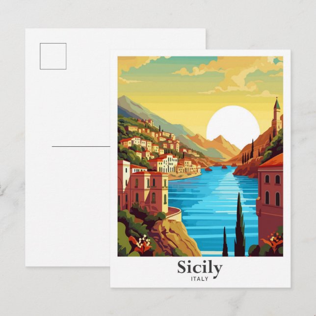 Sicily Italy Art Vintage Travel Illustration Postcard (Front/Back)