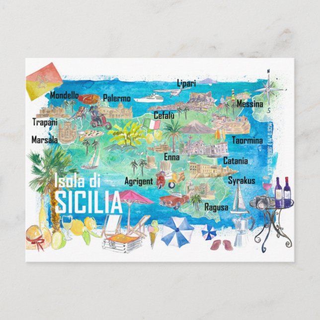 Sicily Italy Illustrated Travel Map  Postcard (Front)