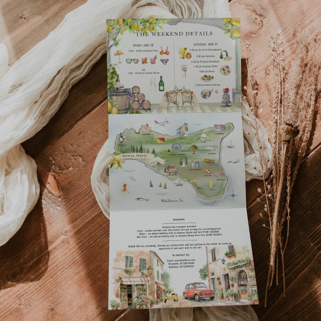 Sicily Italy | Mediterranean Itinerary Map Tri-Fold Invitation (Creator Uploaded)