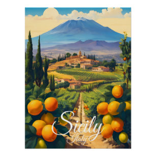 Sicily Italy Orange Grove Countryside Travel Poster