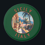 Sicily Italy Retro Distressed Circle Magnet<br><div class="desc">Sicily retro vector travel design. Sicily,  the largest Mediterranean island,  is just off the "toe" of Italy's "boot." Its rich history is reflected in sites like the Valley of the Temples.</div>