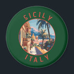 Sicily Italy Retro Distressed Circle Magnet<br><div class="desc">Sicily retro vector travel design. Sicily,  the largest Mediterranean island,  is just off the "toe" of Italy's "boot." Its rich history is reflected in sites like the Valley of the Temples.</div>