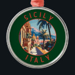 Sicily Italy Retro Distressed Circle Metal Ornament<br><div class="desc">Sicily retro vector travel design. Sicily,  the largest Mediterranean island,  is just off the "toe" of Italy's "boot." Its rich history is reflected in sites like the Valley of the Temples.</div>