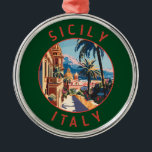 Sicily Italy Retro Distressed Circle Metal Ornament<br><div class="desc">Sicily retro vector travel design. Sicily,  the largest Mediterranean island,  is just off the "toe" of Italy's "boot." Its rich history is reflected in sites like the Valley of the Temples.</div>