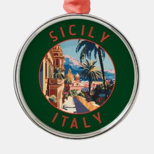 Sicily Italy Retro Distressed Circle Metal Ornament