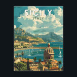Sicily Italy Travel Art Vintage Postcard<br><div class="desc">Sicily retro vector travel design. Sicily,  the largest Mediterranean island,  is just off the "toe" of Italy's "boot." Its rich history is reflected in sites like the Valley of the Temples.</div>