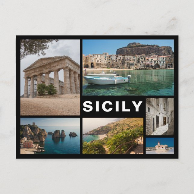 Sicily multiple image collage black postcard (Front)