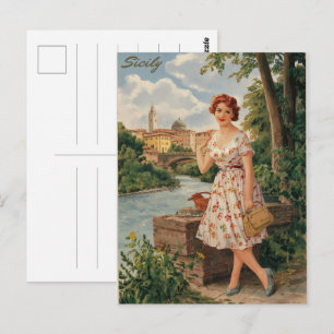 Sicily vintage italian lady in the country 50s postcard