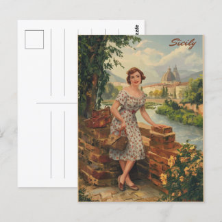 Sicily vintage italian lady in the country 50s postcard