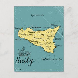 Sicily Vintage Nautical Map Announcement Postcard