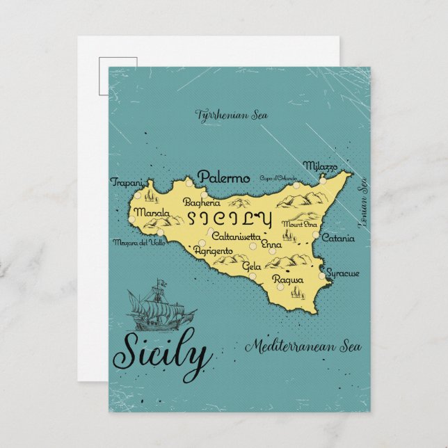 Sicily Vintage Nautical Map Invitation Postcard (Front/Back)