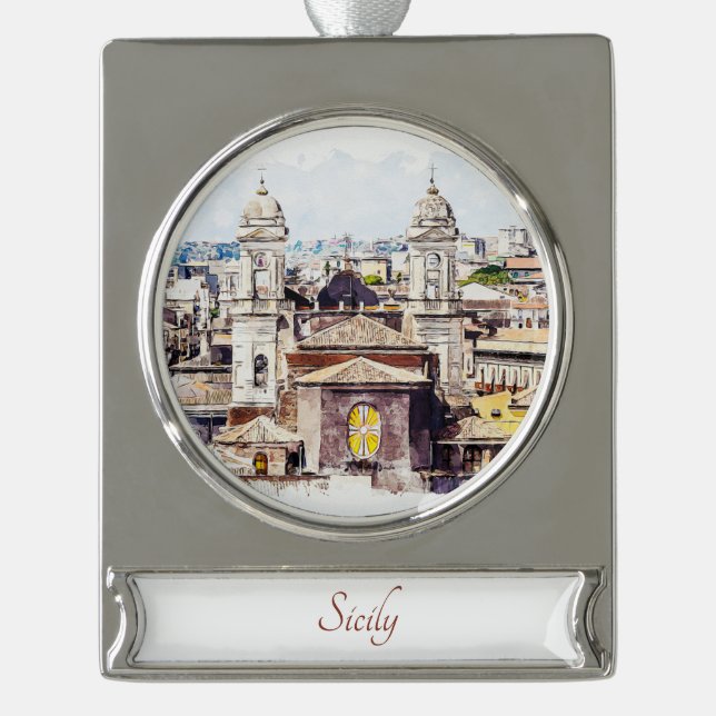 Sicily Watercolor Painting Landscape Ornament (Front)