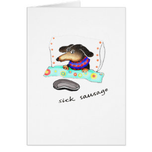 Sick sausage, dachshund ill in bed, humor.