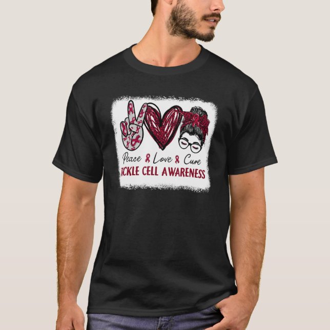 Sickle Cell Awareness Burgundy Ribbon Heart Peace  T-Shirt (Front)