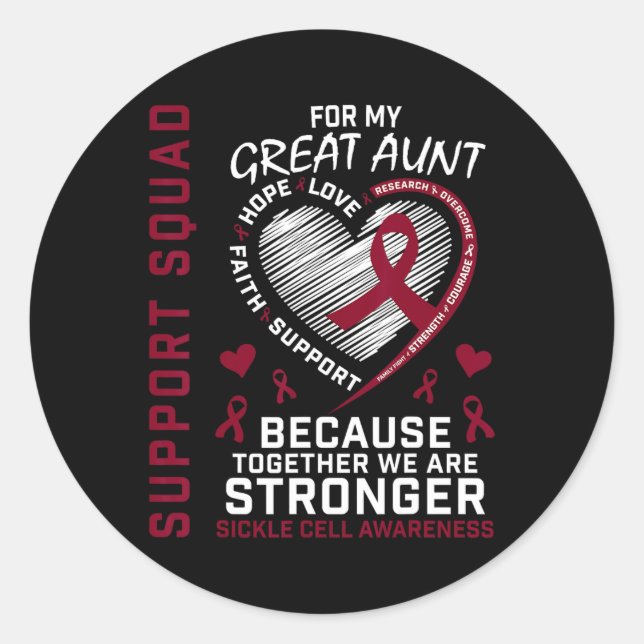 Sickle Cell Awareness Items Great Aunt Support Squ Classic Round Sticker (Front)