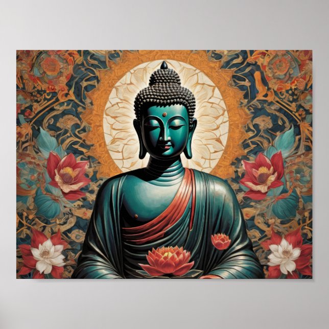 Siddarta Gautama Buddha in meditation with flowers Poster (Front)