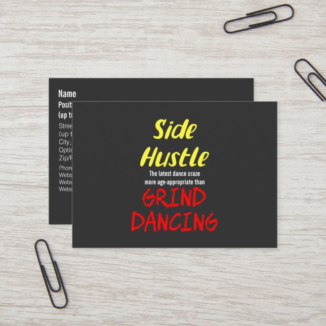 Side Hustle vs. Grind Dancing Neon Yellow Text Business Card (Front/Back In Situ)