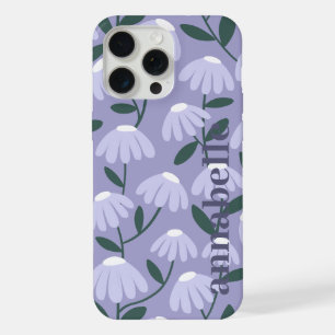 Side Monogram Name Heather Blue Floral Pattern iPhone 15 Pro Max Case
