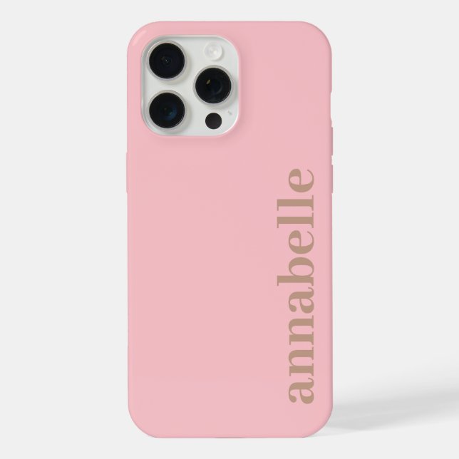 Side Monogram Name Pink & Brown Minimalist iPhone Case (Back)