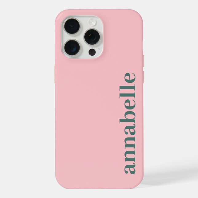 Side Monogram Name Pink & Green Minimalist iPhone Case (Back)
