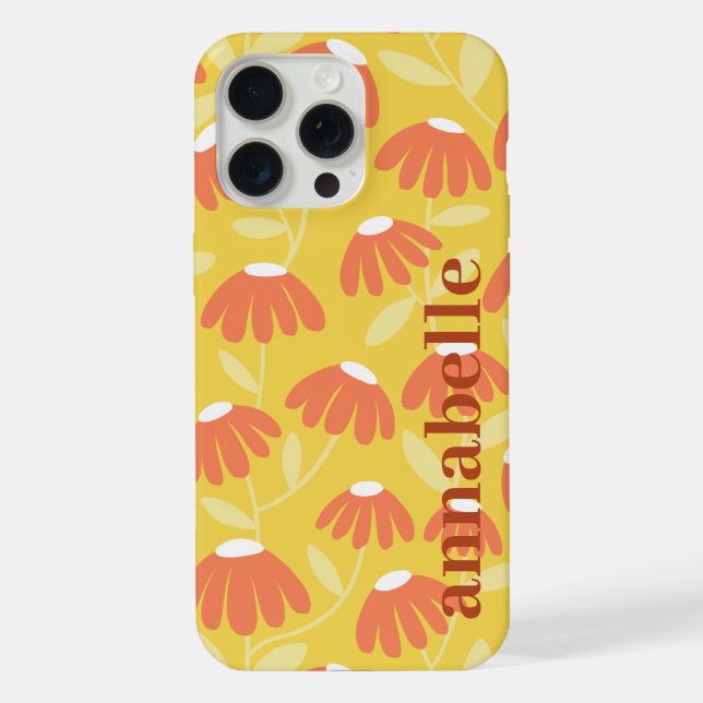 Side Monogram Name Yellow & Orange Floral Pattern iPhone Case (Back)