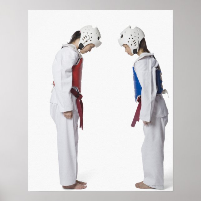 Side profile of two taekwondo players bowing poster (Front)
