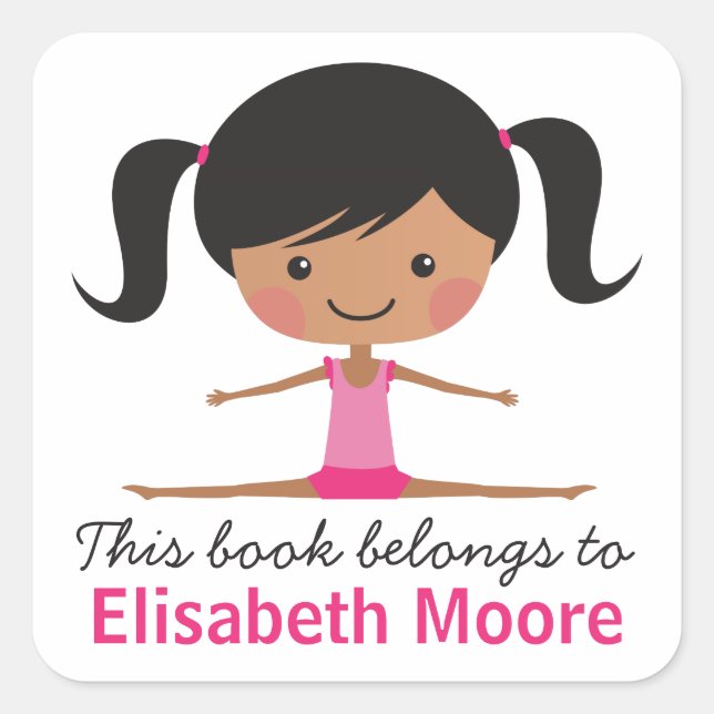 Side split gymnast girl cartoon bookplate book square sticker (Front)