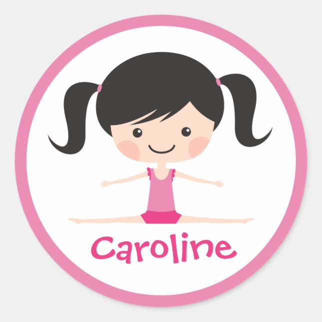 Side split gymnast girl cartoon custom name classic round sticker (Front)