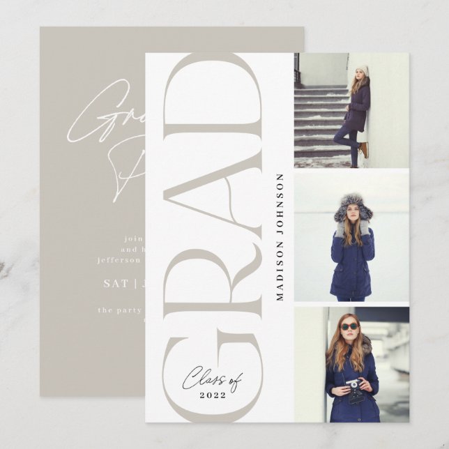 Side Typography Graduation 2022 3 Photo Party Grey Invitation (Front/Back)