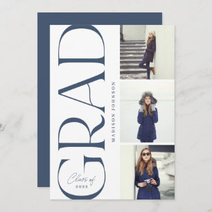 Side Typography Graduation 2022 3 Photo Party Navy Invitation