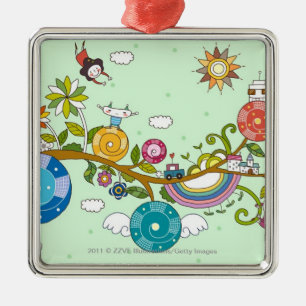 Side view of children playing on tree branch metal tree decoration
