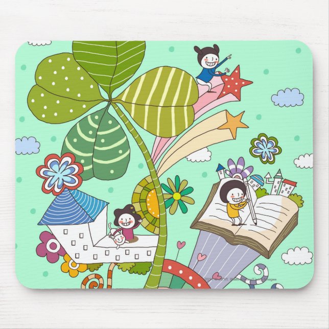 Side view of children studying by potted plant mouse pad (Front)