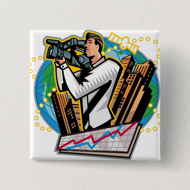 Side view of man shooting 15 cm square badge (Front)