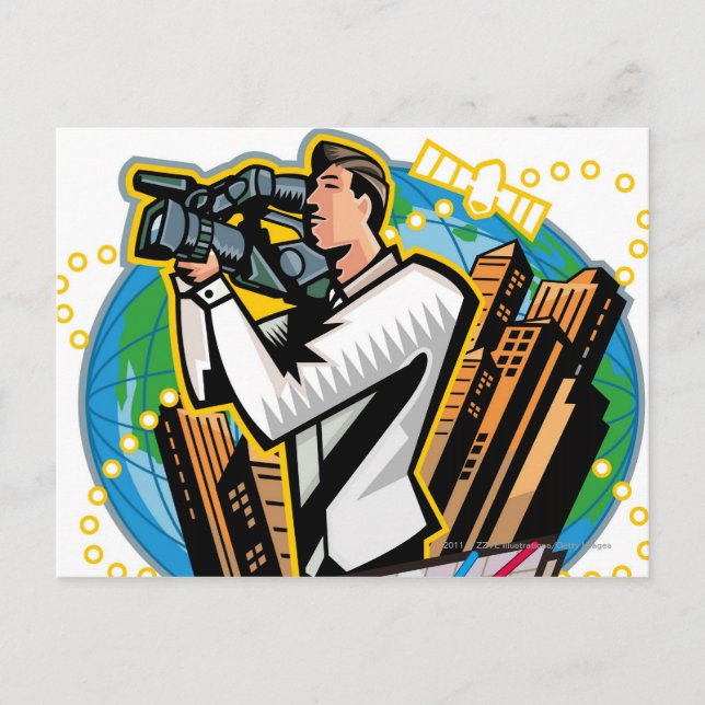 Side view of man shooting postcard (Front)
