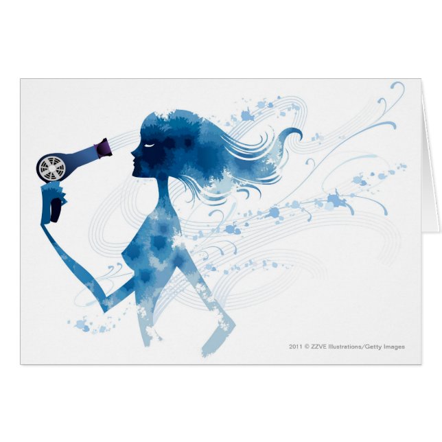 Side view of woman blow drying long hair (Front Horizontal)