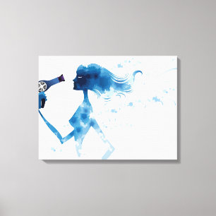 Side view of woman blow drying long hair canvas print