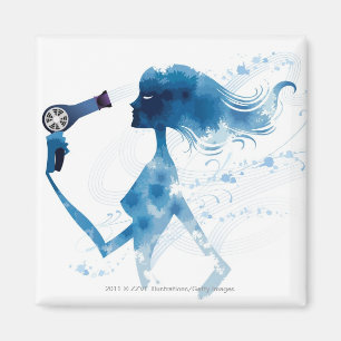 Side view of woman blow drying long hair magnet