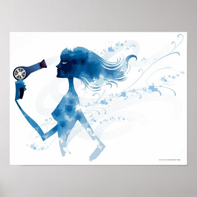 Side view of woman blow drying long hair poster (Front)