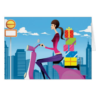 Side view of woman with gifts on scooter