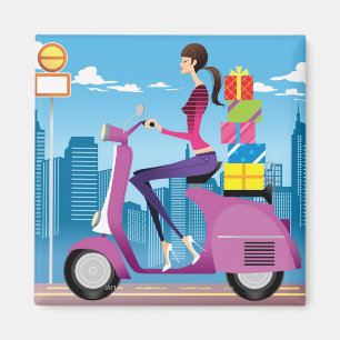 Side view of woman with gifts on scooter magnet