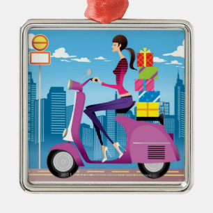 Side view of woman with gifts on scooter metal ornament