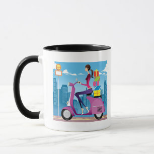 Side view of woman with gifts on scooter mug