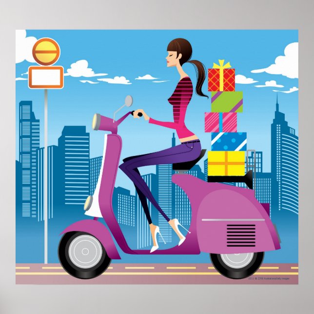 Side view of woman with gifts on scooter poster (Front)
