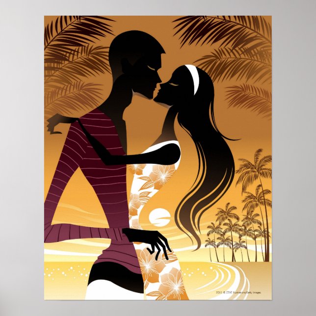 Side view of young couple standing in beach poster (Front)