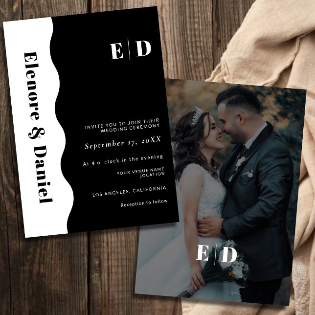 Side Wave  Monogram Black & White Photo Wedding Invitation (Side Wave Monogram Black & White Photo Wedding Invitation)
