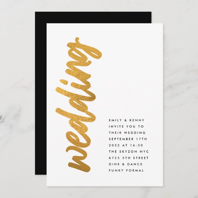 Side Ways Black Gold Foil Modern Simple Wedding Invitation (Front/Back)
