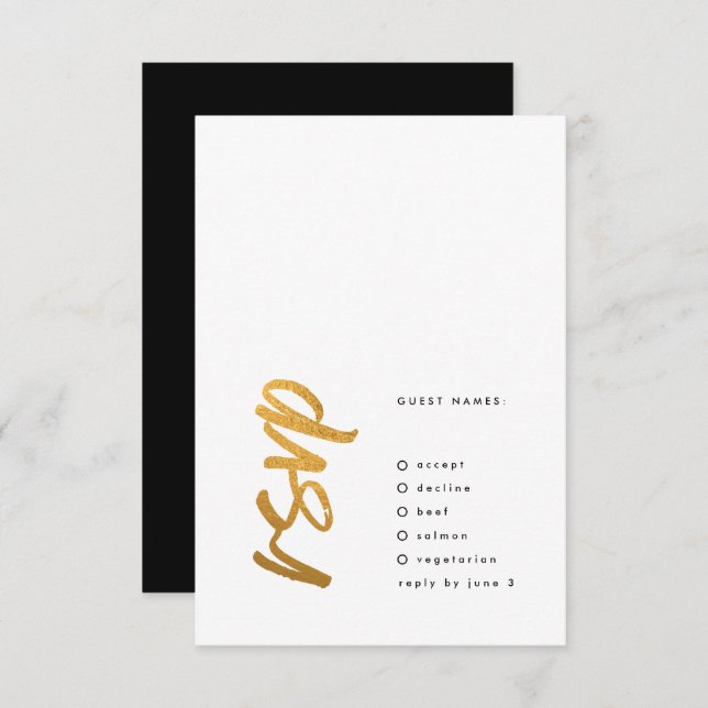 Side Ways Black Gold Foil Modern Simple Wedding RSVP Card (Front/Back)